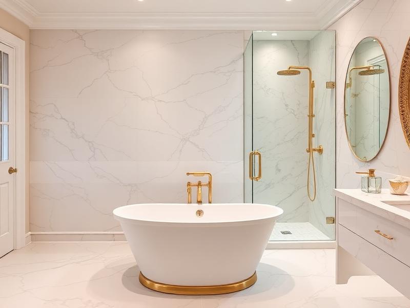Beautiful remodeled bathroom with freestanding tub and gold fixtures