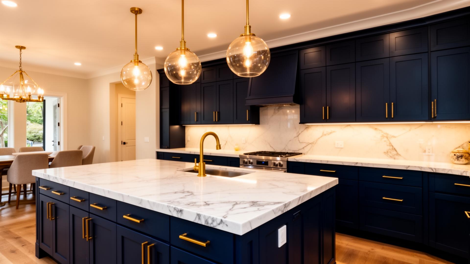 Beautiful remodeled kitchen with navy cabinets and gold hardware